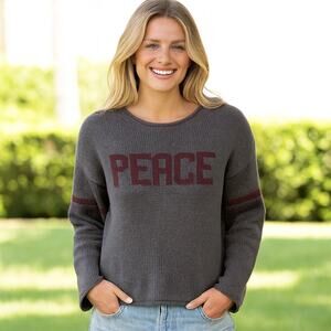 Natural Life Boho Peace Graphic Colorblock Grey Burgundy Slouchy Sweater Size M
